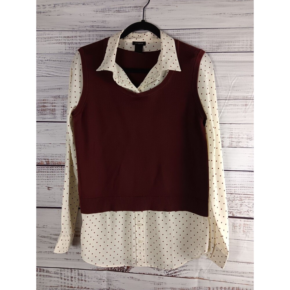 Ann Taylor Women’s Sweatshirt Size M Burgandy/cream Hem Long Sleeve Pullover
